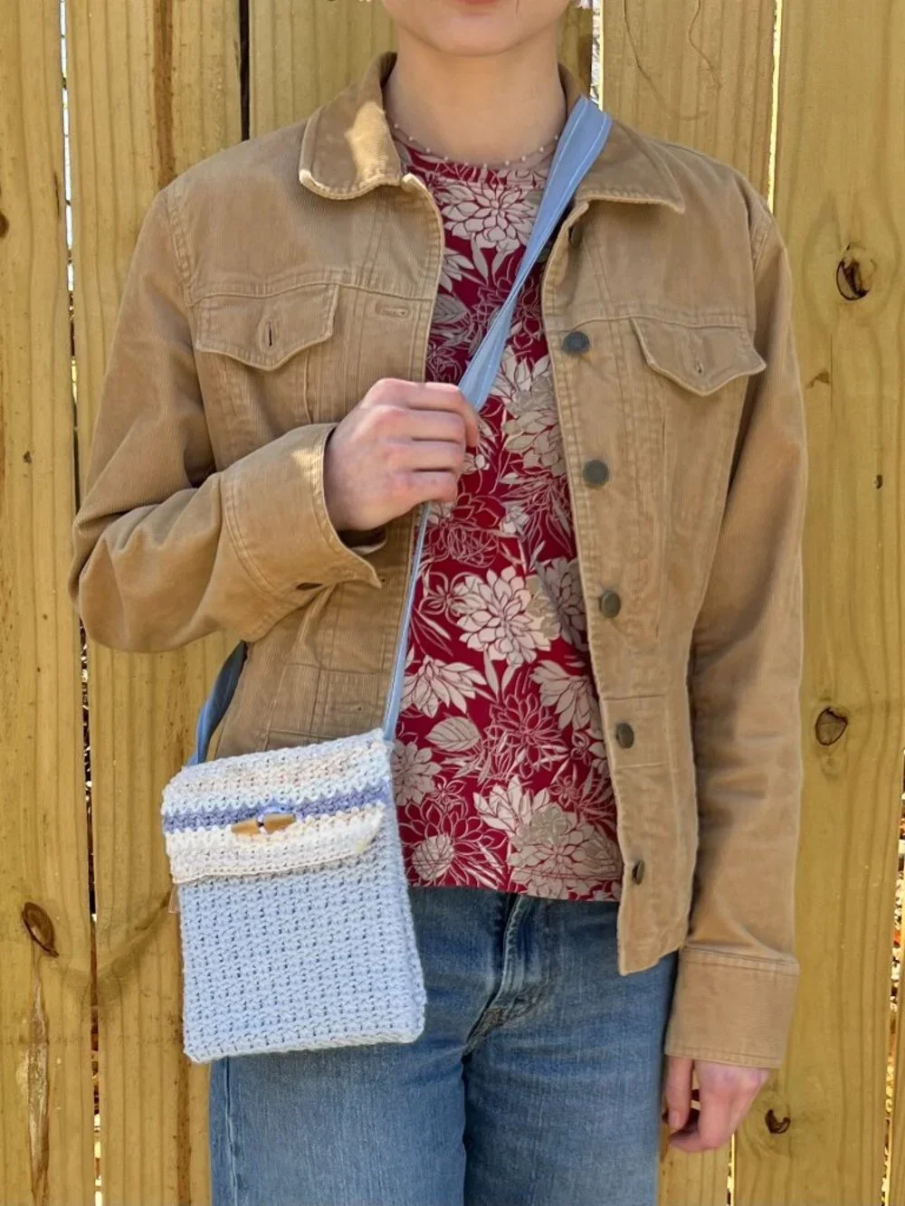 Upcycled Crochet Crossbody Purse Handmade with Repurposed Lining & Button
